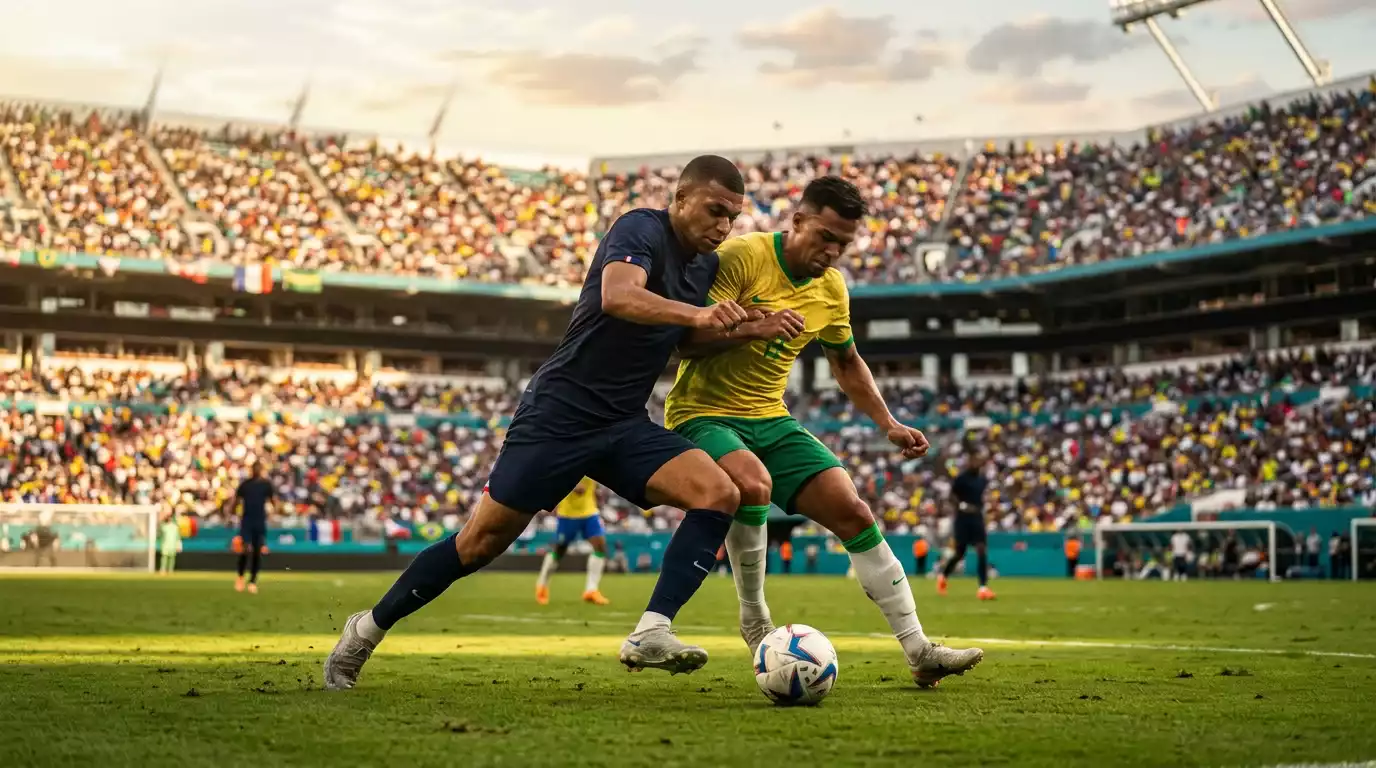 Skotsk og brasiliansk spiller i nærkamp under VM 2026-opgøret i Miami