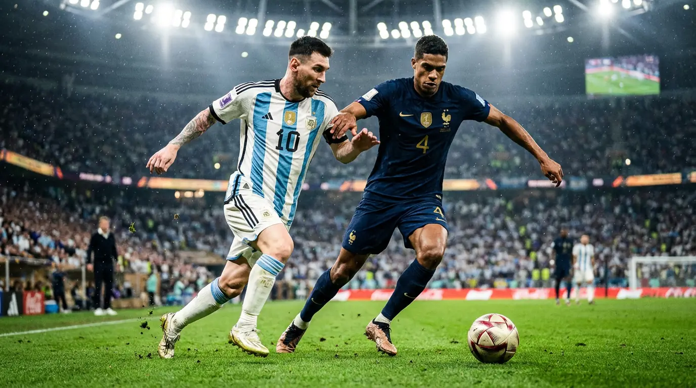 To fodboldspillere i direkte duel om bolden under en VM 2026-kamp med et fyldt stadion og projektorer i baggrunden