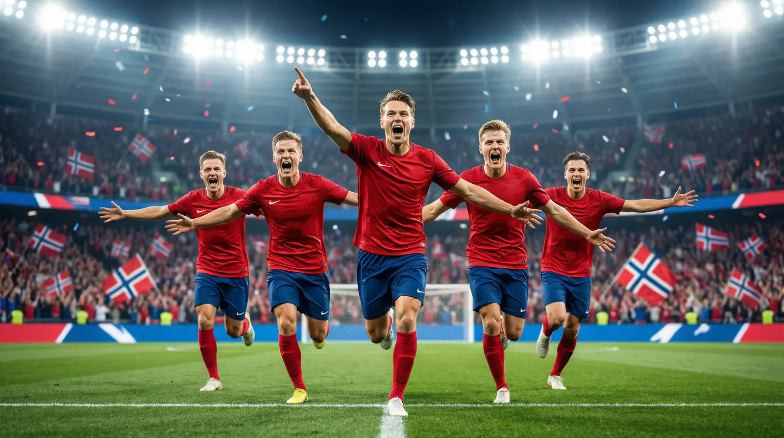 Norske fodboldspillere i røde trøjer fejrer et mål på et stort VM 2026-stadion med jublende fans