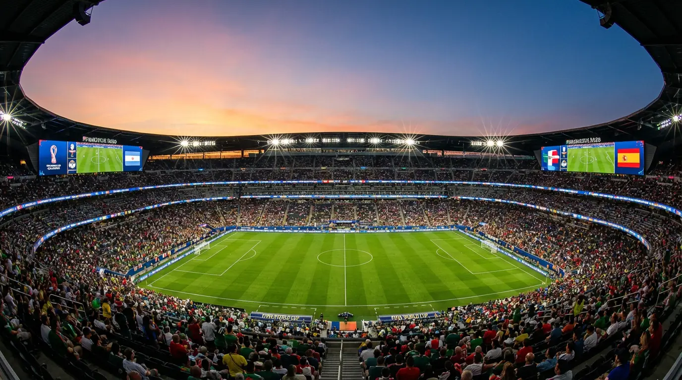 Panoramaudsigt over et fyldt fodboldstadion ved VM 2026 med grøn bane og aftenlys
